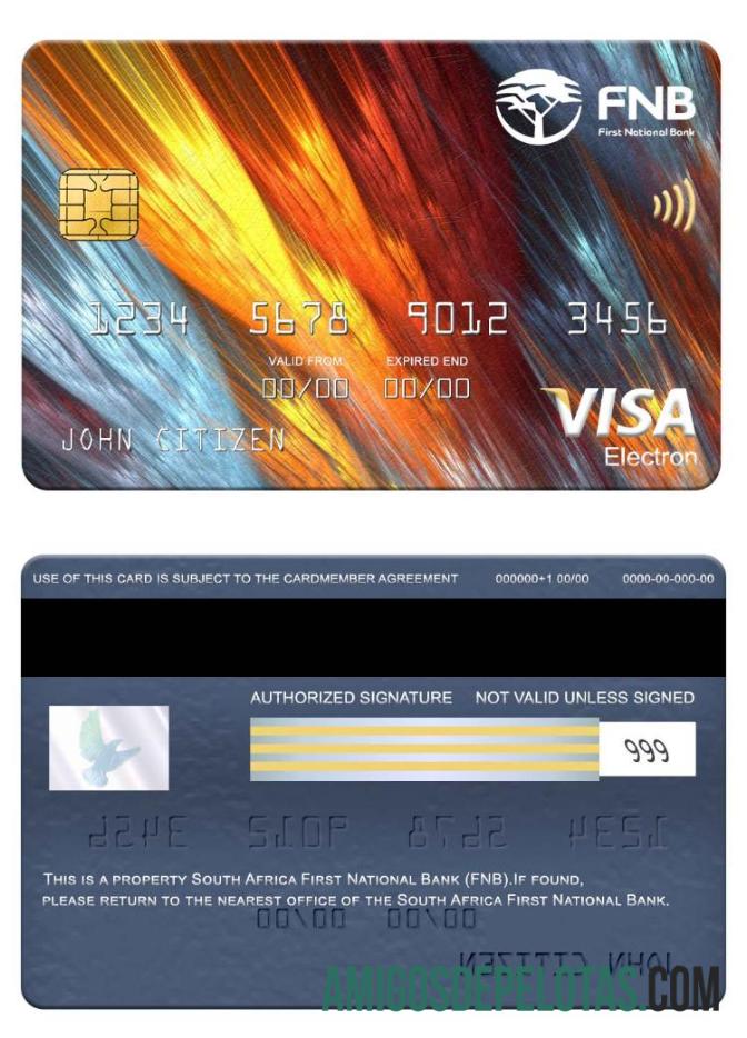 Cartão Visa Electron do Primeiro Banco Nacional da África do Sul (FNB) exemplo